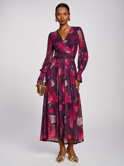 Jolie Moi Long Sleeve V Neck Mesh Maxi Dress, Burgundy Floral, Burgundy Floral