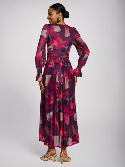 Jolie Moi Long Sleeve V Neck Mesh Maxi Dress, Burgundy Floral - view 2, Burgundy Floral