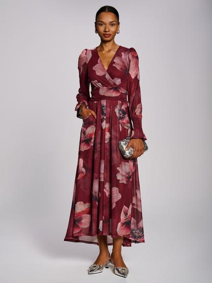 Jolie Moi Long Sleeve V Neck Mesh Maxi Dress, Burgundy Floral