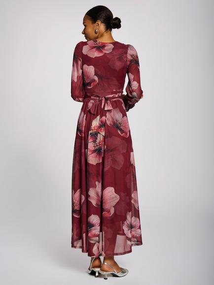 Jolie Moi Long Sleeve V Neck Mesh Maxi Dress - view 2, Burgundy Floral
