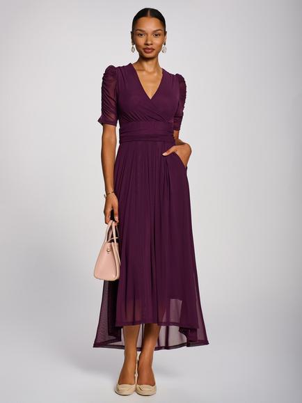 Jolie Moi Mesh Ruched Sleeve Maxi Dress, Dark Purple, Dark Purple