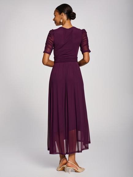 Jolie Moi Mesh Ruched Sleeve Maxi Dress, Dark Purple - view 2, Dark Purple