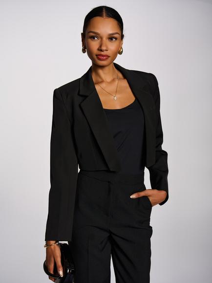 Jolie Moi Open Front Cropped Tailored Blazer, Black