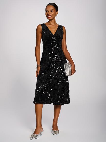Jolie Moi V-Neck Sequin Embellished Velvet Midi Dress, Black