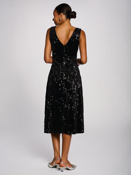 Jolie Moi V-Neck Sequin Embellished Velvet Midi Dress - view 2, Black
