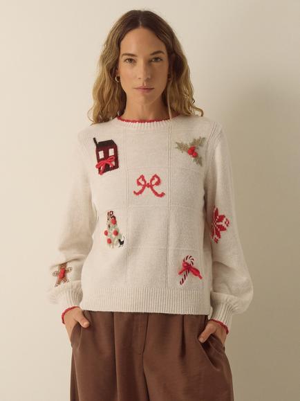 Monsoon Cara Christmas Motif Jumper, Ivory, Ivory