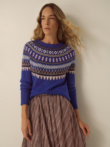 Monsoon Fara Fair Isle Round Neck Jumper, Cobalt, Cobalt