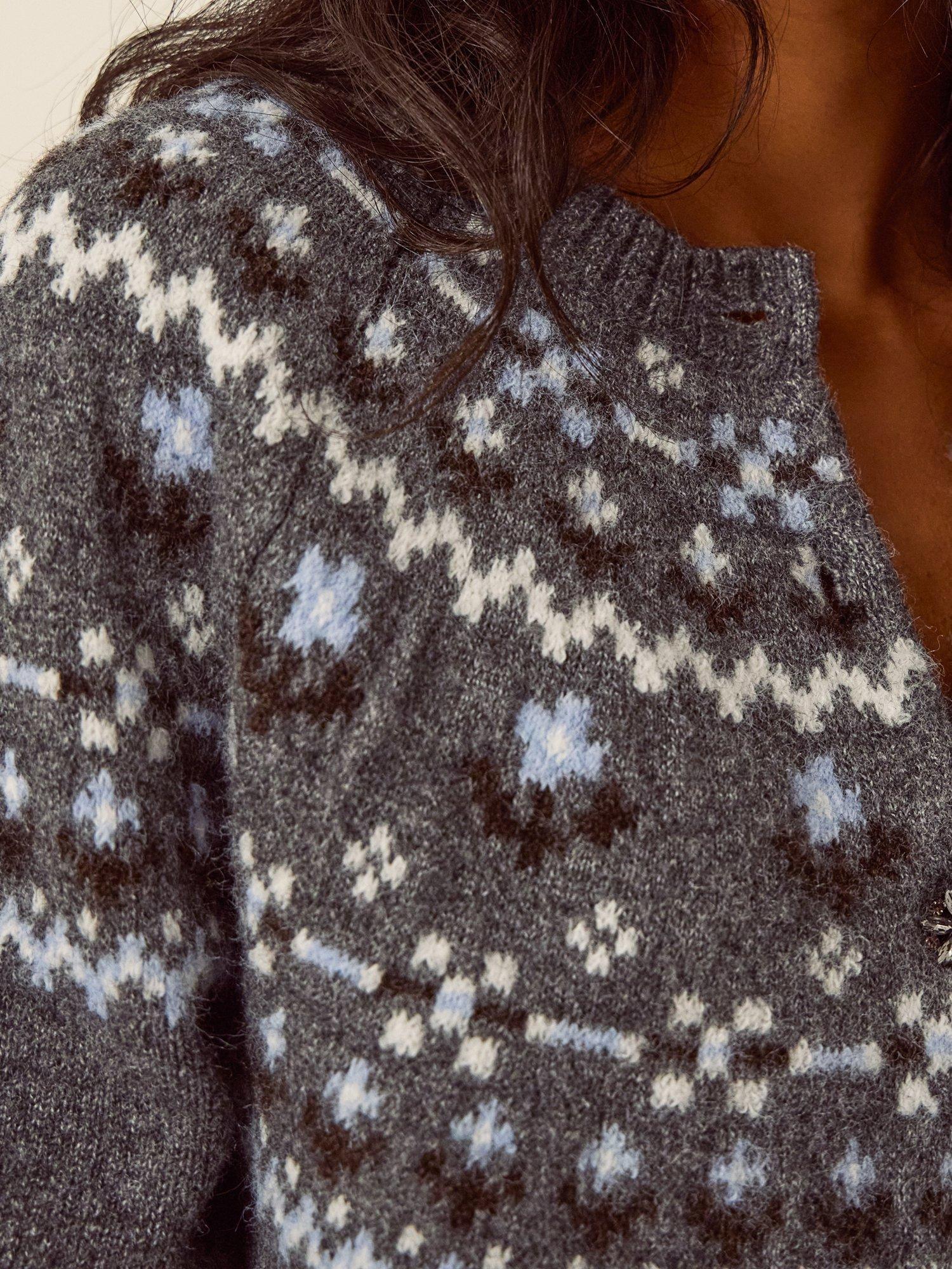 Monsoon Fleur Fair Isle Cardigan, Grey