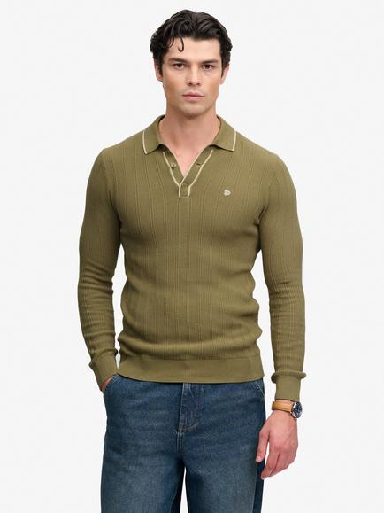 Superdry Knitted Tipped Long Sleeve Polo, Artichoke Green, Artichoke Green