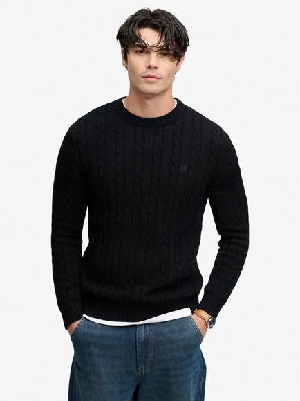 Superdry Cotton Cable Knit Crew Jumper, Black, Black