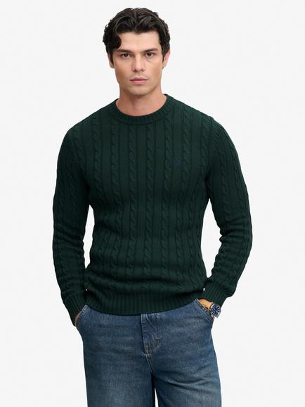 Superdry Cotton Cable Knit Crew Jumper, Quad Green, Quad Green