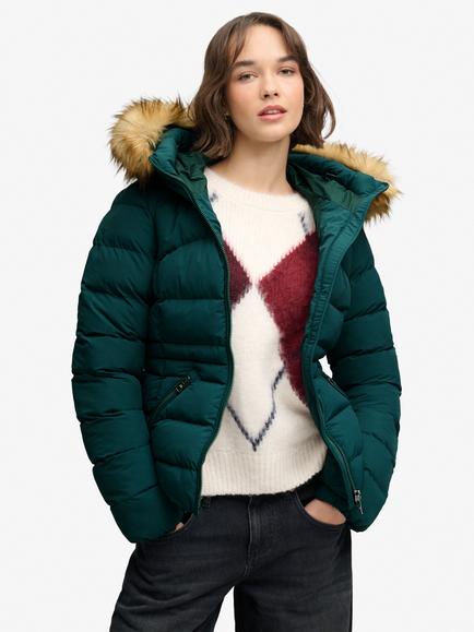 Superdry Hooded Faux Fur Fuji Water Resistant Padded Jacket, Dark Pine Green, Dark Pine Green