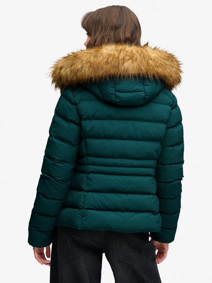 Superdry Hooded Faux Fur Fuji Water Resistant Padded Jacket, Dark Pine Green - view 2, Dark Pine Green