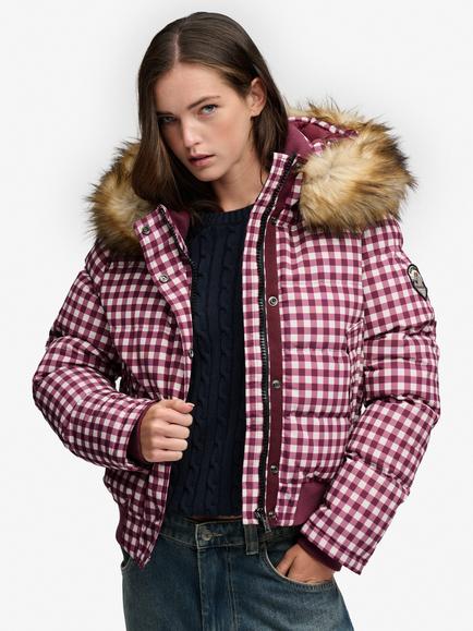 Superdry Everest Check Hooded Bomber Jacket, Mulberry/Cream, Mulberry/Cream