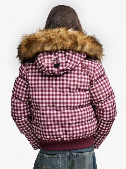 Superdry Everest Check Hooded Bomber Jacket, Mulberry/Cream - view 2, Mulberry/Cream