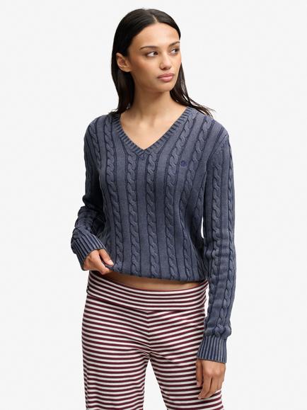 Superdry Washed V-Neck Cable Jumper, Atlantic Navy, Atlantic Navy