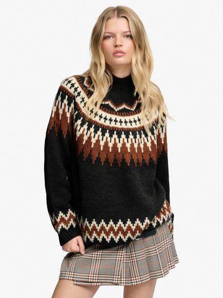 Superdry Fair Isle High Neck Jumper, Charcoal Marl, Charcoal Marl