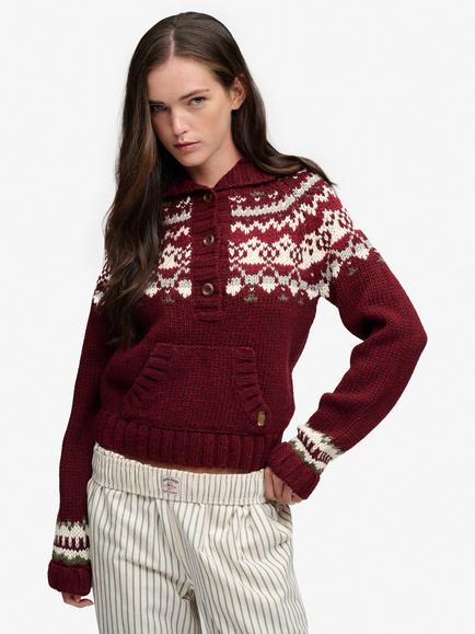 Superdry Fair Isle Button Neck Hoodie, Red Multi, Red Multi