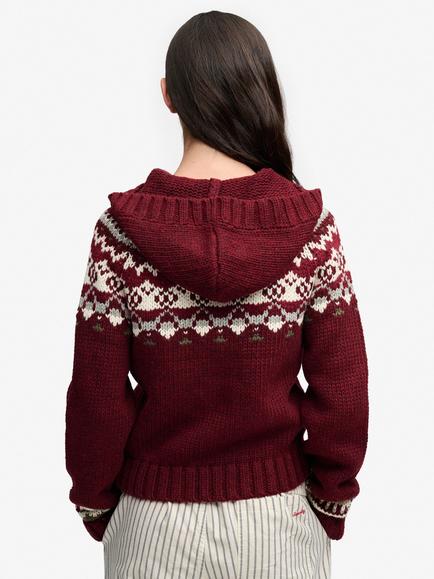 Superdry Fair Isle Button Neck Hoodie, Red Multi - view 2, Red Multi