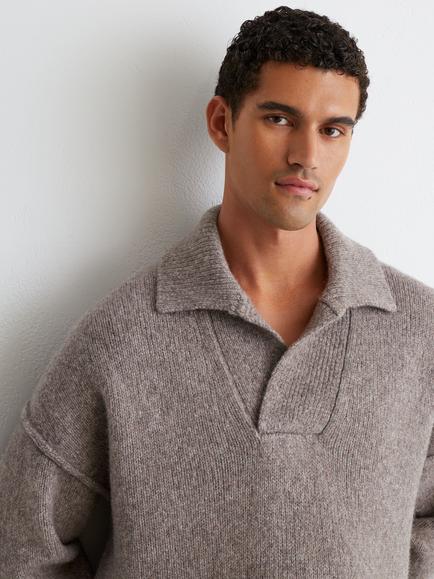 Reiss Vatali Heavyweight Mélange Wool Rich Jumper, Taupe Brown Melange - view 2, Taupe Brown Melange
