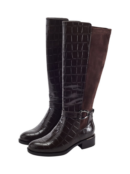Moda in Pelle Ripley Porvair Croc Print Riding Boots, Dark Brown - view 2, Dark Brown