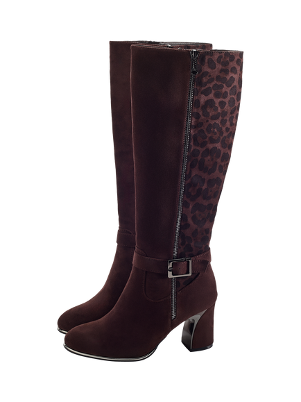 Moda in Pelle Static Alcantara Block Heel Knee High Boots, Dark Brown - view 2, Dark Brown
