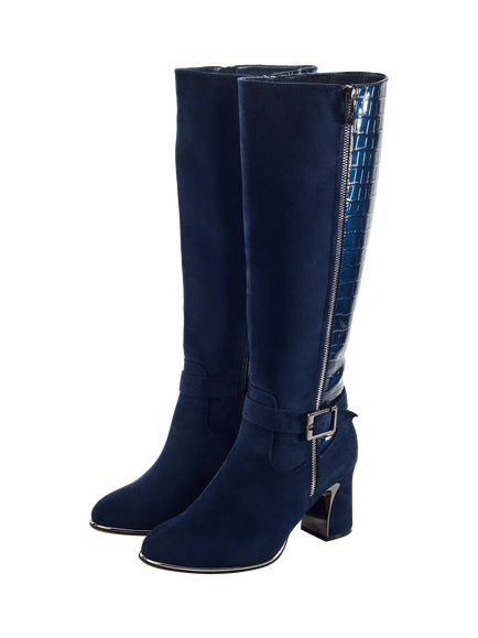 Moda in Pelle Static Alcantara Block Heel Knee High Boots, Navy - view 2, Navy