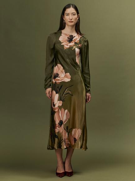 Ghost Christine Poppy Print Long Sleeve Midi Dress , Green/Multi, Green/Multi
