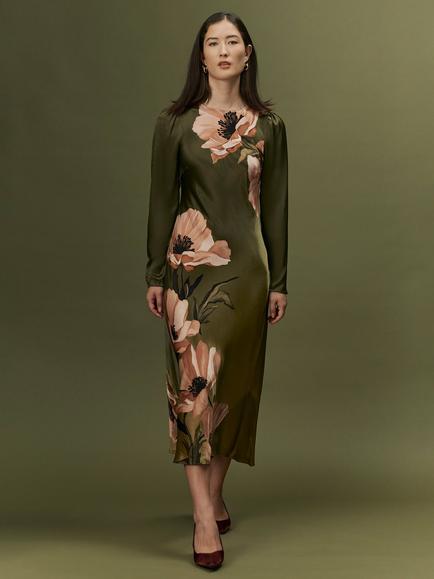 Ghost Christine Poppy Print Long Sleeve Midi Dress , Green/Multi - view 2, Green/Multi