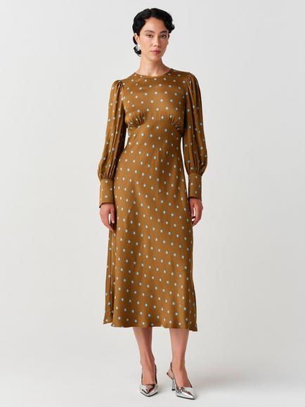 Ghost Fiona Polka Dot Round Neck Midi Dress, Moss, Moss