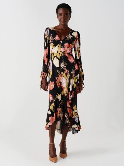 Ghost Holly Floral Empire Seam Midi Dress, Black/Multi, Black/Multi