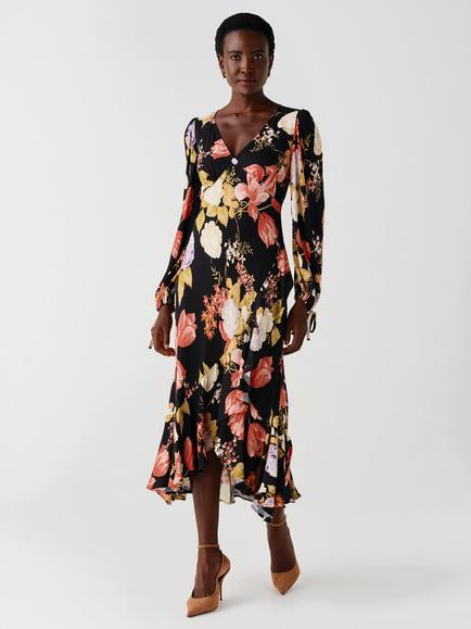 Ghost Holly Floral Empire Seam Midi Dress, Black/Multi - view 2, Black/Multi