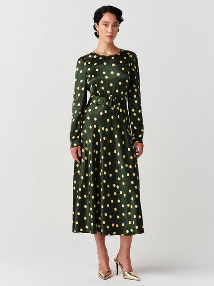 Ghost Sophia Polka Dot Long Sleeve Midi Dress, Green, Green