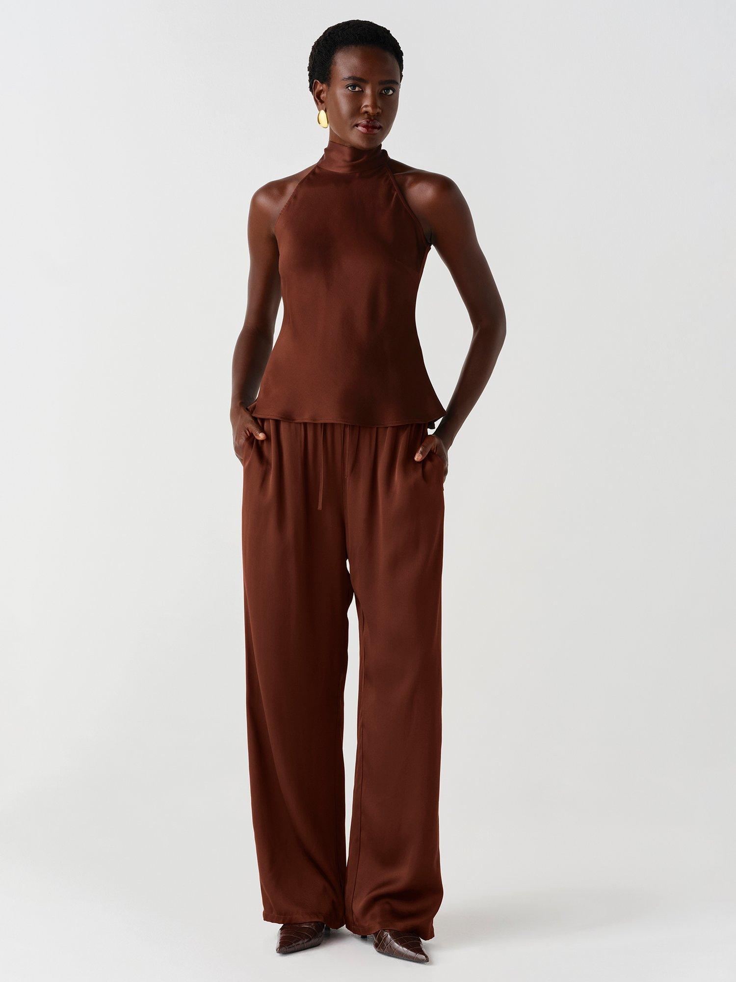 Ghost Imogen Satin-Back Crepe Straight Leg Trousers, Brown