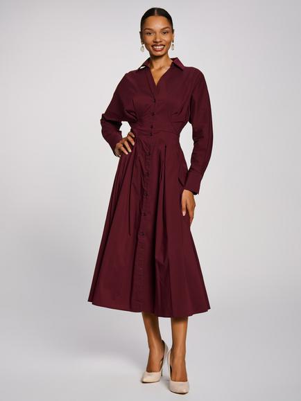 Jolie Moi Long Sleeve Cotton Midi Shirt Dress, Burgundy, Burgundy