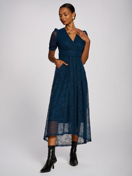 Jolie Moi Ruched Lace Wrap Front Dress, Teal, Teal