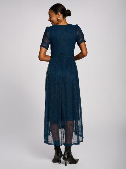 Jolie Moi Ruched Lace Wrap Front Dress, Teal - view 2, Teal
