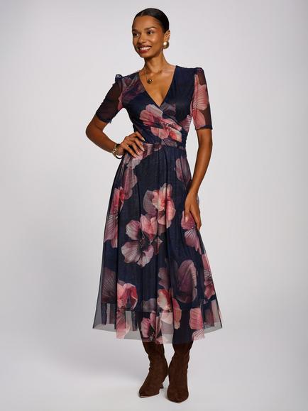 Jolie Moi Double Layer Printed Mesh Maxi Dress, Navy Floral, Navy Floral