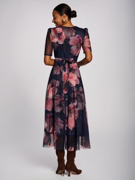 Jolie Moi Double Layer Printed Mesh Maxi Dress, Navy Floral - view 2, Navy Floral