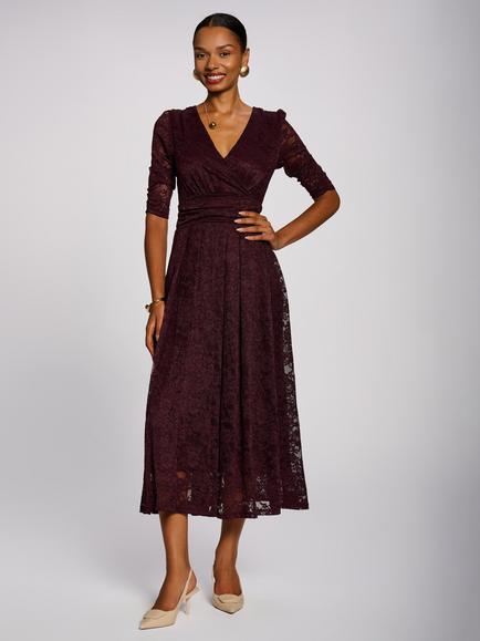 Jolie Moi Pleated Lace Wrap Front Maxi Dress, Burgundy, Burgundy