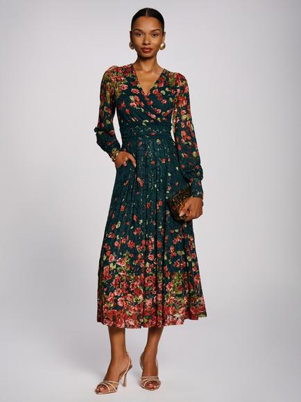 Jolie Moi Floral Wrap Front Long Sleeve Dress, Dark Green/Multi, Dark Green/Multi