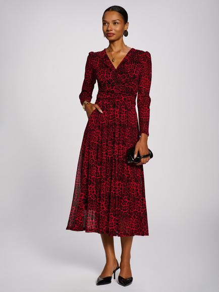Jolie Moi Long Sleeve Print Mesh Maxi Dress, Red Animal, Red Animal