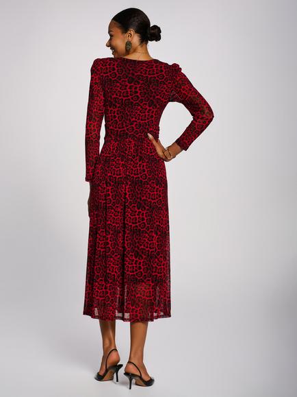 Jolie Moi Long Sleeve Print Mesh Maxi Dress, Red Animal - view 2, Red Animal