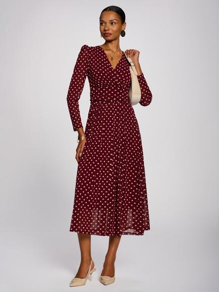 Jolie Moi Long Sleeve Print Mesh Maxi Dress, Burgundy Spot, Burgundy Spot
