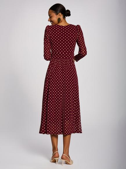 Jolie Moi Long Sleeve Print Mesh Maxi Dress, Burgundy Spot - view 2, Burgundy Spot