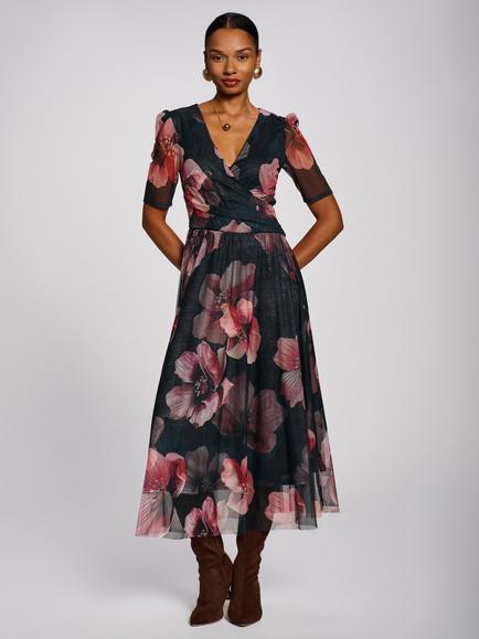 Jolie Moi Double Layer Printed Mesh Maxi Dress, Teal Floral, Teal Floral