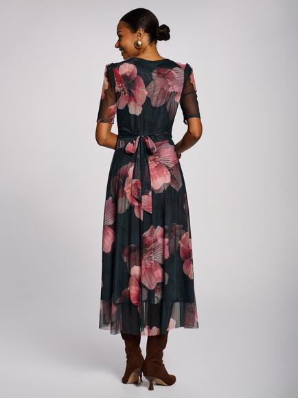 Jolie Moi Double Layer Printed Mesh Maxi Dress, Teal Floral - view 2, Teal Floral
