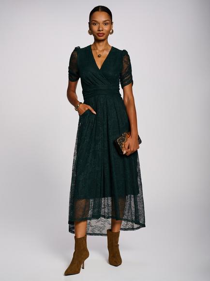 Jolie Moi Wrap Front Short Sleeve Lace Maxi Dress, Dark Green, Dark Green