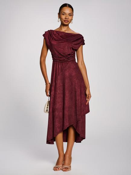 Jolie Moi Asymmetrical Drap Textured Sheen Midi Dress, Burgundy
