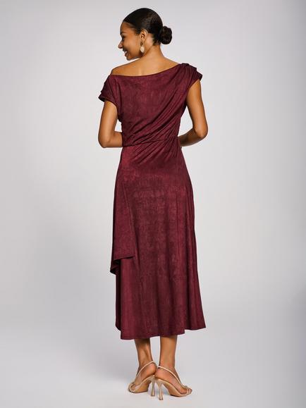 Jolie Moi Asymmetrical Drap Textured Sheen Midi Dress - view 2, Burgundy